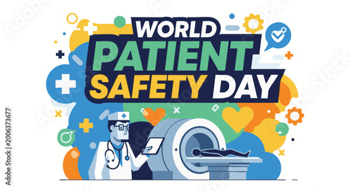 Schilderij op canvas World Patient Safety Day awareness banner with doctor and medical equipment in c