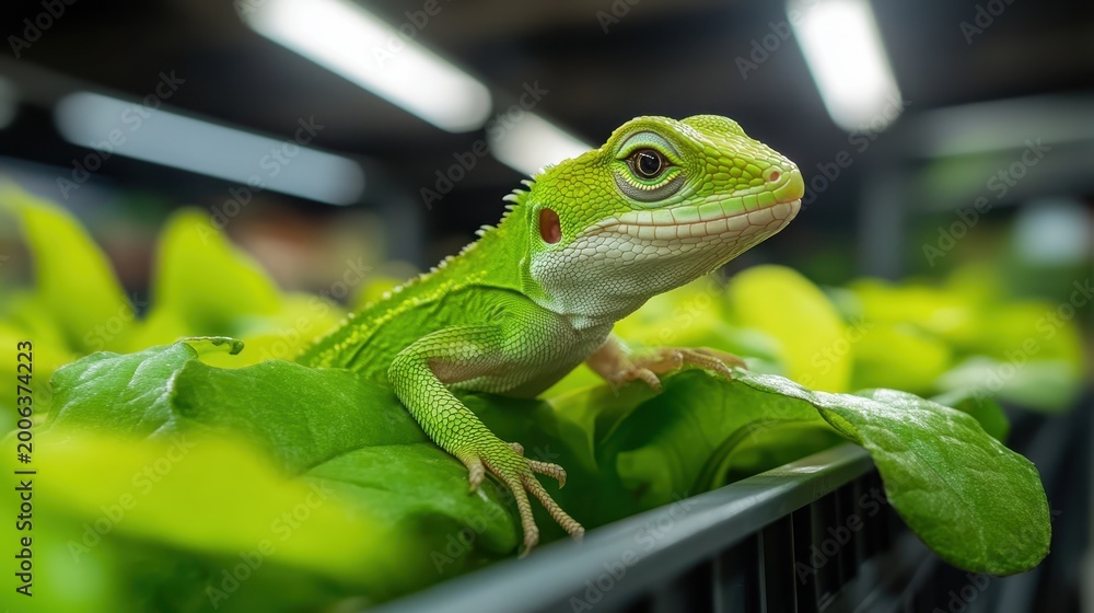 Fototapeta premium A vivid green lizard perches gracefully on a bed of fresh leaves, showcasing its striking color and unique texture against a backdrop of lush greenery.
