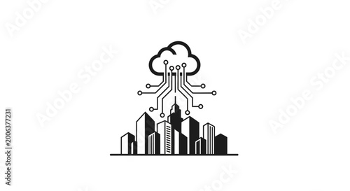 City Skyline with Cloud Computing Network.
