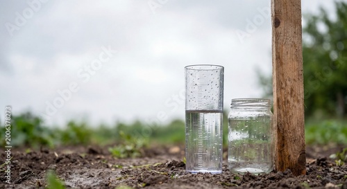 Rain Gauge And Glass Jar On Wet Garden Soil