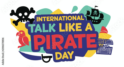 Photos Colorful International Talk Like A Pirate Day logo with cartoon illustrations in