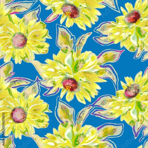 Seamless floral pattern with vibrant yellow flowers and decorative leaves on a bold blue background. Artistic hand-painted design perfect for textiles, wallpaper, fashion prints, packaging.
