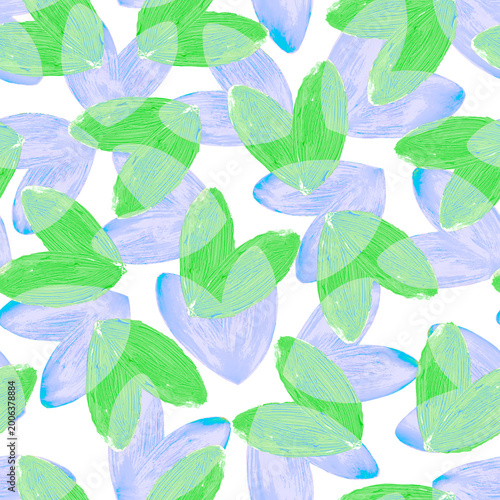 seamless pattern with abstract green ad blue hearts, leaves.