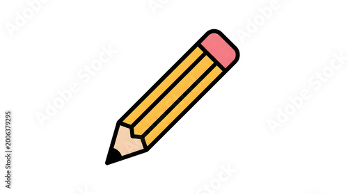 A simple, stylized illustration of a yellow pencil with a pink eraser on a white background.