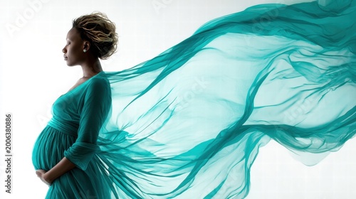 Elegant pregnant woman in a teal dress, with flowing fabric, set against a white background
