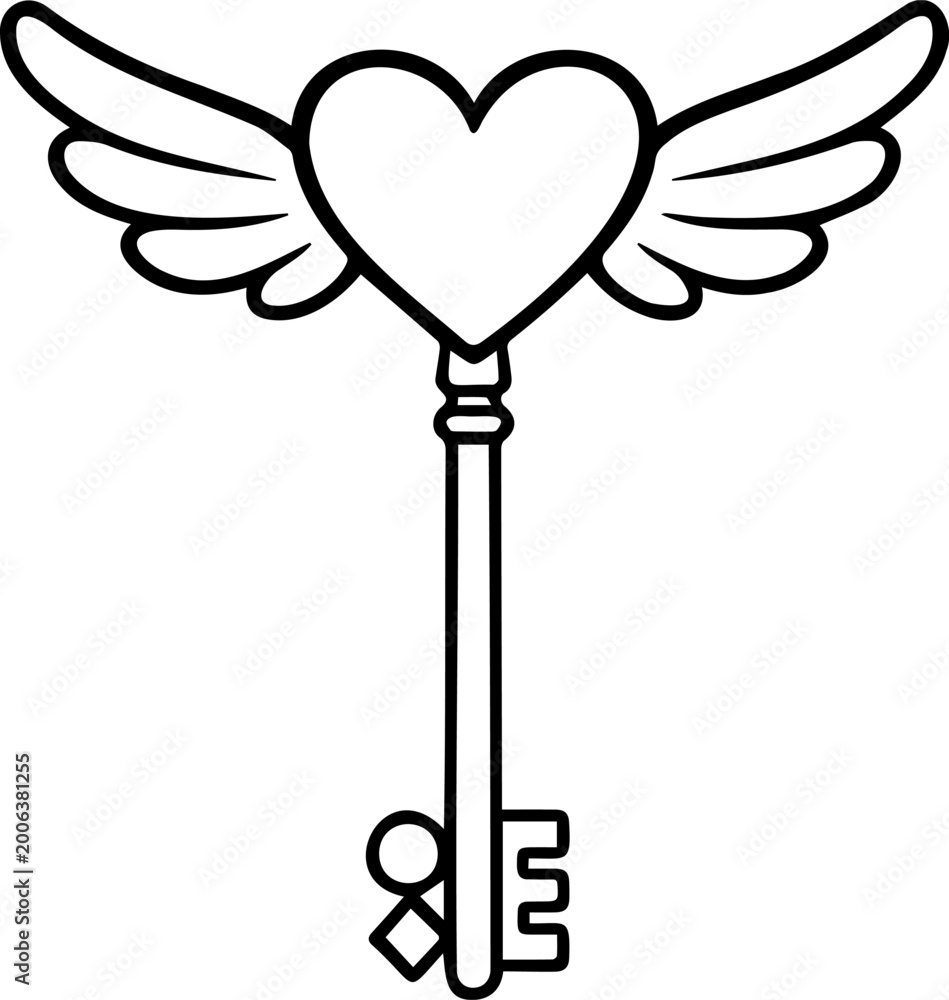 Obraz premium Minimalist Heart Key with Wings Vector Icon, Romantic Skeleton Key Line Art for Valentine's Day and Love Concepts