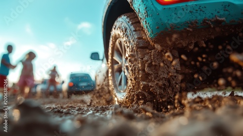 A vibrant car splashes through muddy terrain, showcasing the thrill of adventure and off-road excitement as water and dirt fly around the tires.