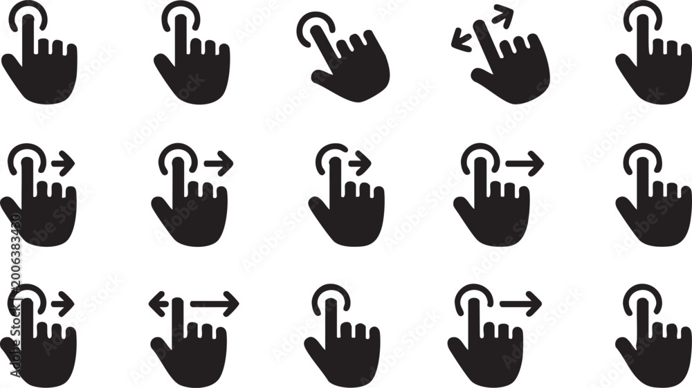 Fototapeta premium Touch Screen Hand Gesture Icon Set for Mobile UI UX Design, Black Silhouette Finger Tap, Swipe, Scroll, and Zoom Symbols on White Background