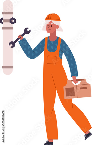 Professional woman repairing equipment, holding a wrench and carrying a toolbox