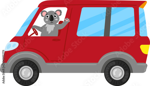 Photography Koala bear driving red vehicle and waving hand, isolated on white background