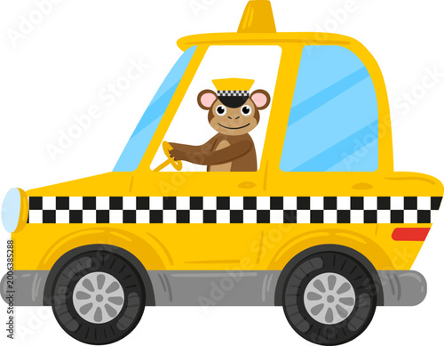 Εκτύπωση καμβά Monkey character smiling while driving a yellow cab with a checkered stripe