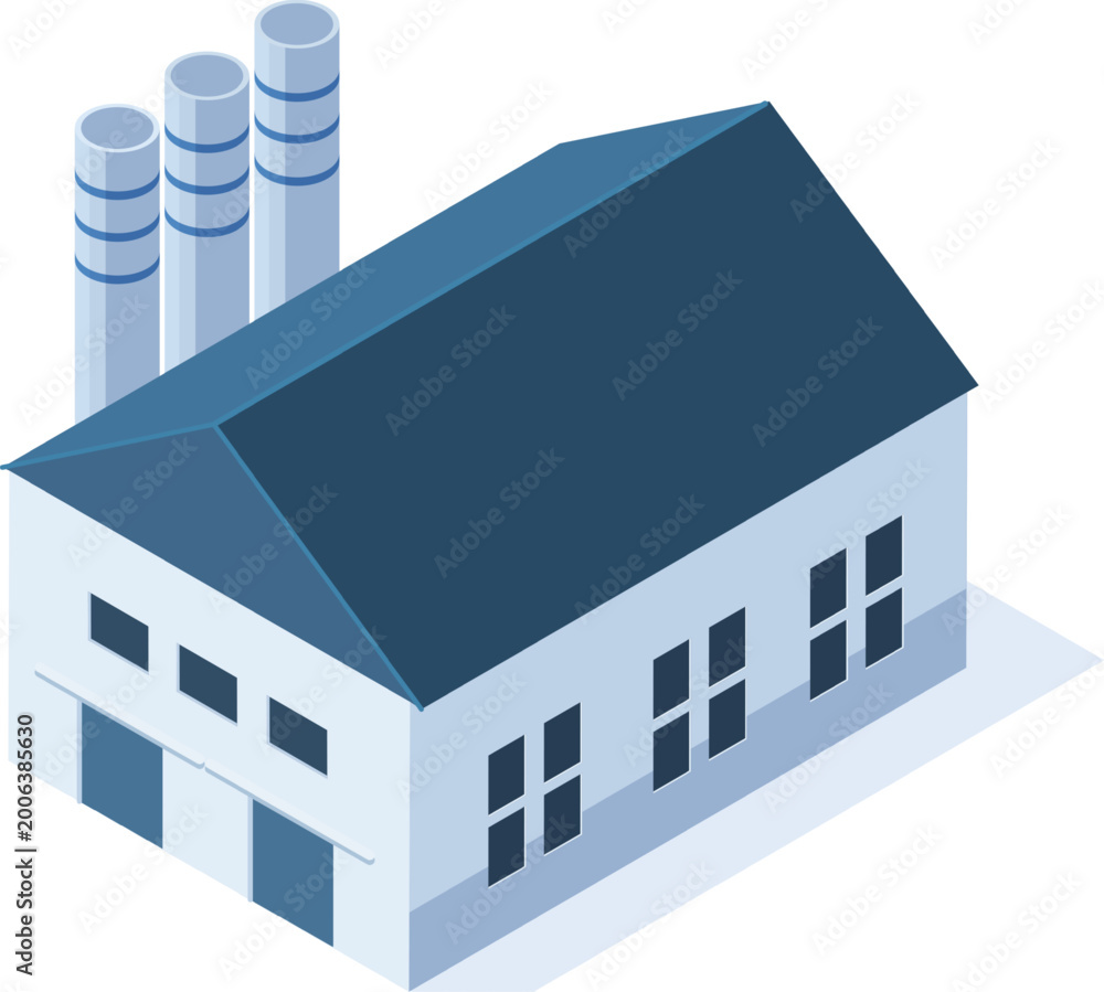 Fototapeta premium Isometric factory building illustration showing manufacturing operations and environmental impact