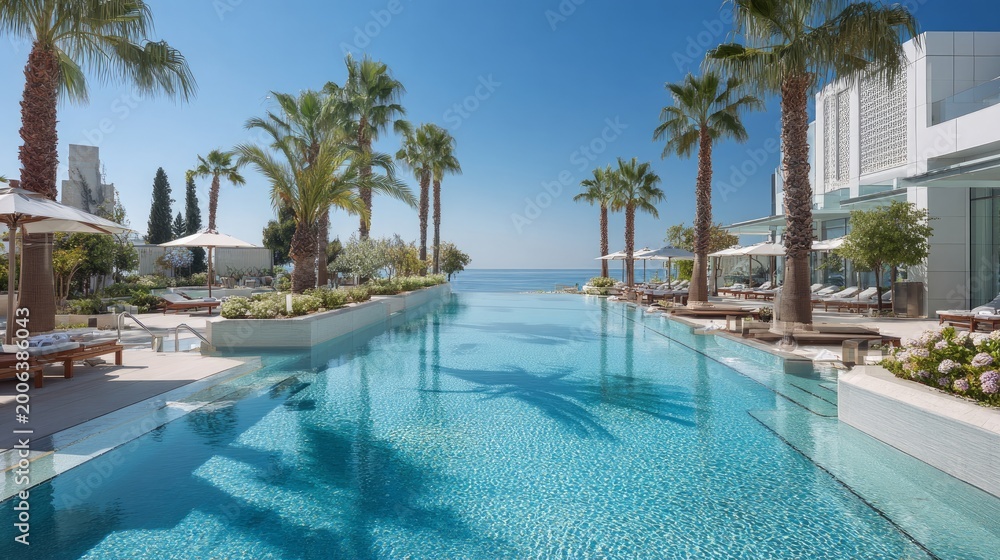 Fototapeta premium Resort's outdoor pool and sunbeds gleam on a bright, sunny day.