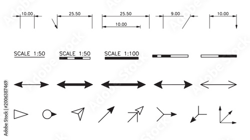 Scale bars and directional arrows for architectural planning are organized in a clean layout.