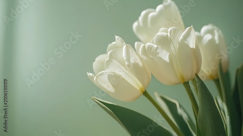 A serene bouquet of white tulips against a soft green background in natural light