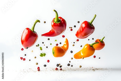 Colorful red and yellow bell peppers floating in air with spices and herbs around them