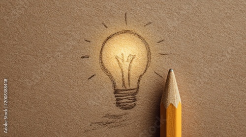 Yellow pencil symbolizes new thoughts and unique ideas, shown under a bright light bulb on brown paper.