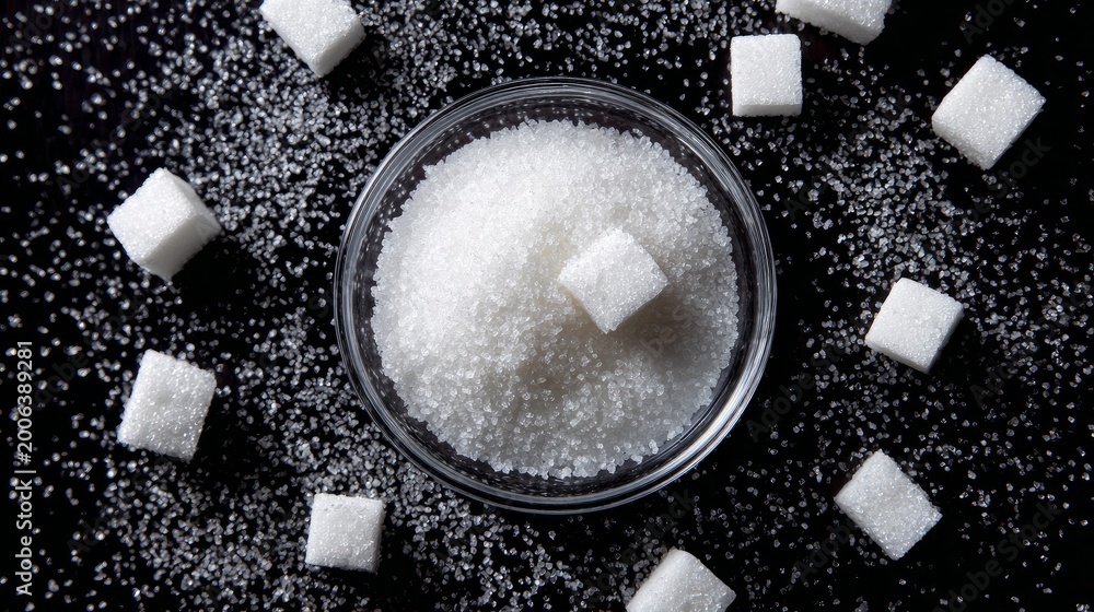 Fototapeta premium Sugar granules in a glass dish and sugar cubes rest on a black surface, viewed from above.