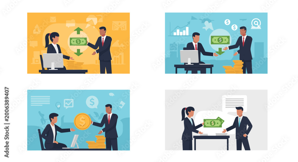 Fototapeta premium Set of business scenes showing professional people in suits negotiating, trading money, and managing financial investments together.