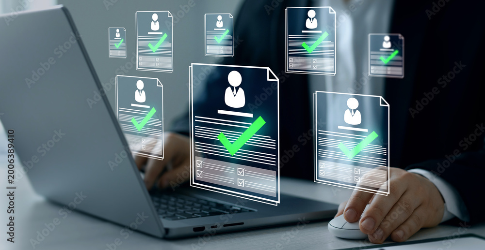 Obraz premium Digital documents with check marks verified staff records and online HR management. Employee approval process management. 