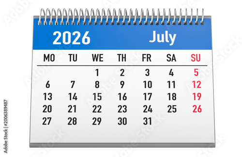 July 2026 desk calendar with Monday start. 3d rendering
