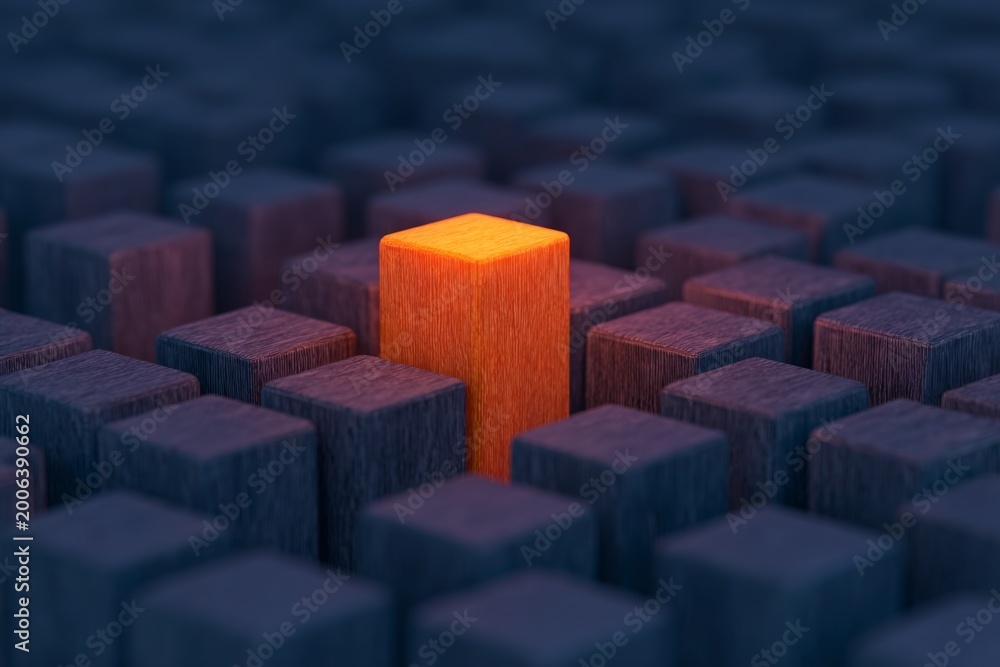 Fototapeta premium leadership choosing direction in uncertainty, Path of Decision - Glowing Wooden Cubes with Diverging Arrows, Decision Making Concept with Copy Space