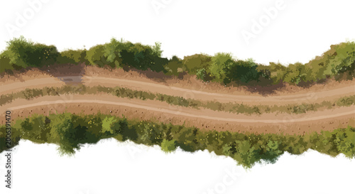 Obraz na płótnie Winding dirt road top view, aerial rural path with green bushes and trees, brown
