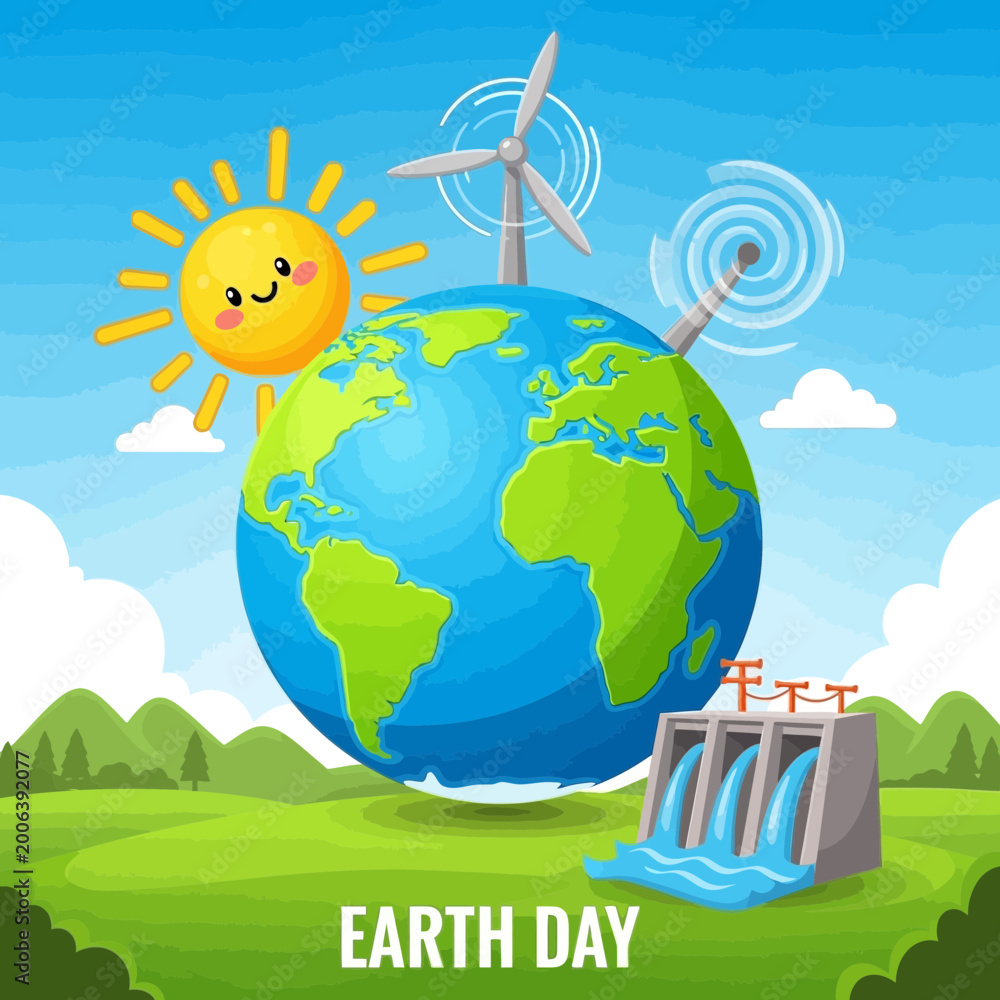 Naklejka premium Cartoon Earth Celebrating Earth Day with Sun and Wind Energy