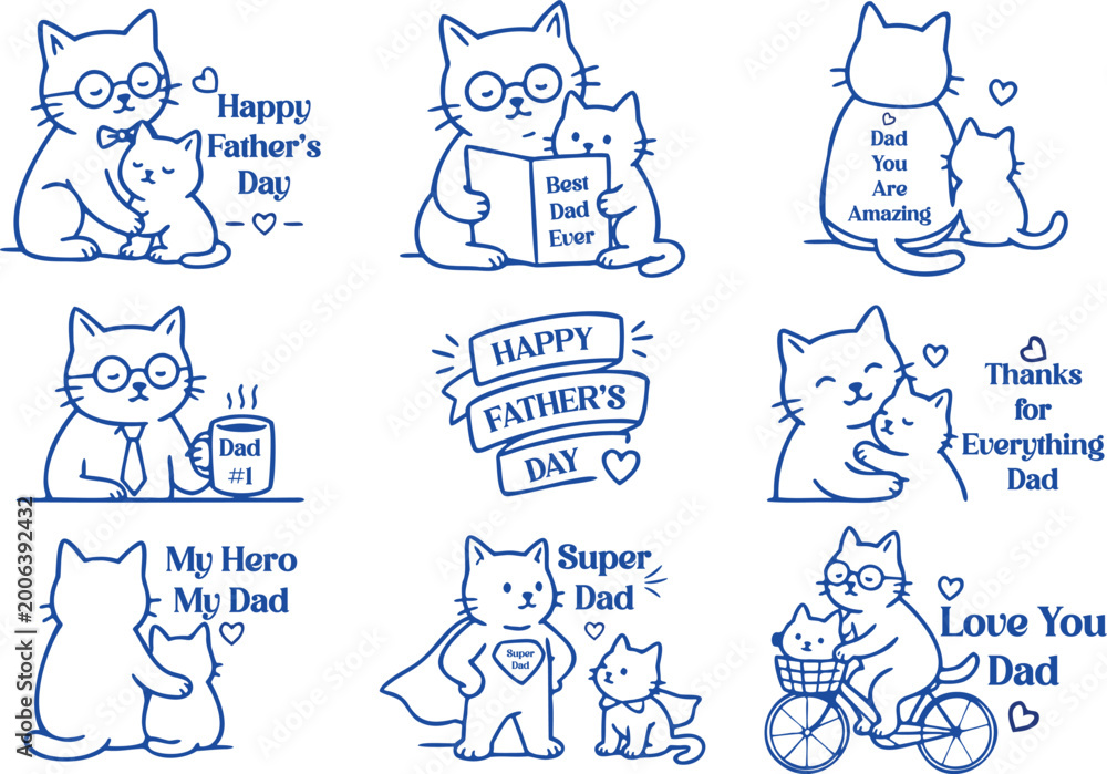 Fototapeta premium Cat and Kitten Vector Minimal Line Art Fathers Day Illustration