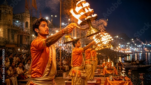 Ganga Aarti Ceremony at Dashashwamedh Ghat – Priests Performing Ritual with Fire Lamps on the Ganges River at Night