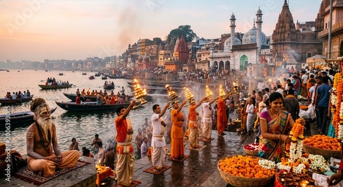 Ganga Aarti Ceremony at Dashashwamedh Ghat with Priests Performing Fire Ritual on the Ganges River at Sunset