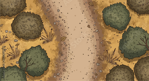 Fotografie Top down view of a dirt path in a dry landscape, aerial perspective of a gravel