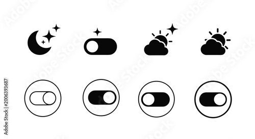 Set of black minimalist icons for weather conditions and mobile interface toggle switches for night and day modes on white background.