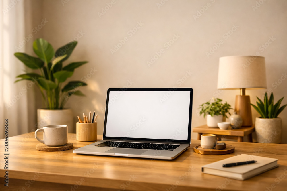 Fototapeta premium laptop on wooden desk with plants and warm natural lighting for home office setup