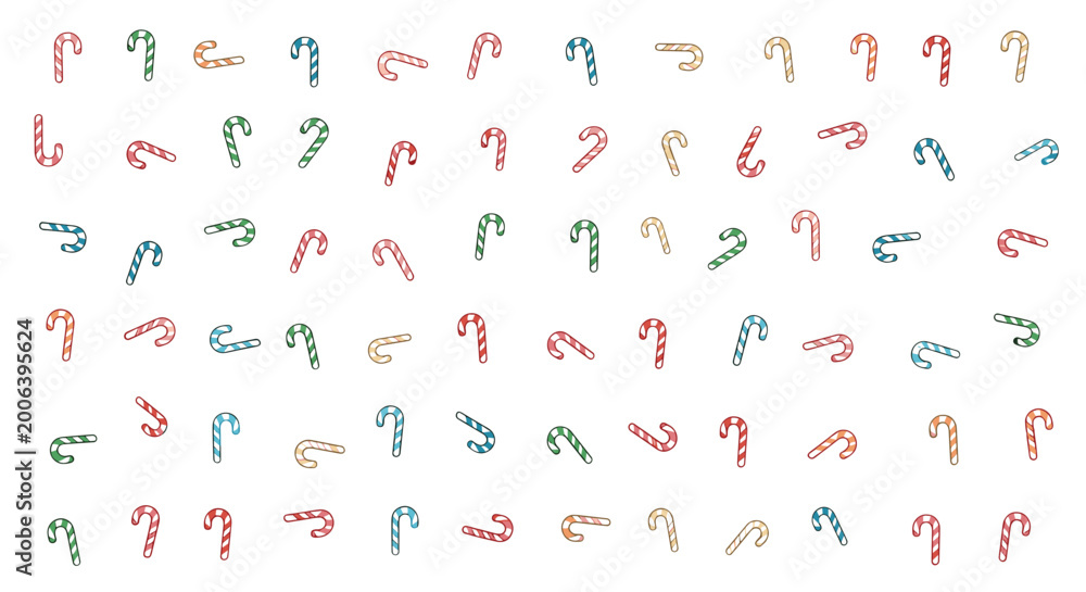 Fototapeta premium Large collection of colorful striped candy canes arranged in a scattered pattern over a plain white background.