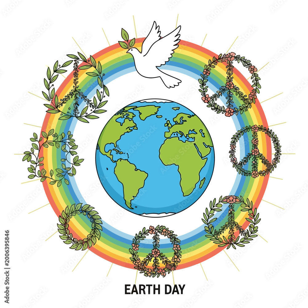 Naklejka premium Earth Celebrates Peace with Dove and Rainbow on Earth Day