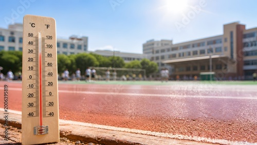 School sports track heatwave with thermometer under harsh sunlight