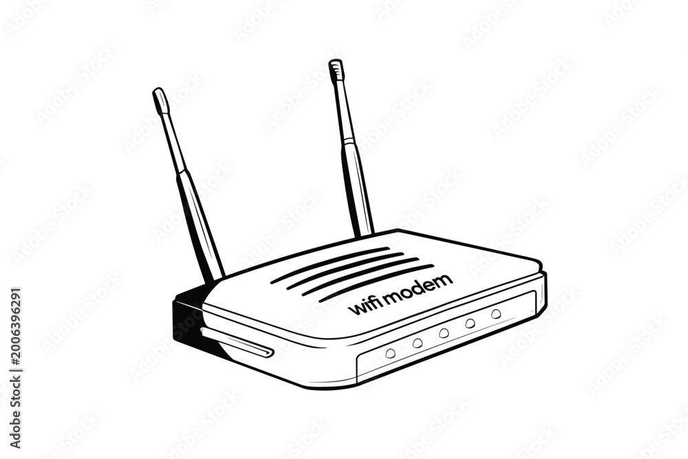 Fototapeta premium Outline vector drawing of Wi-Fi modem router, illustrating home networking and wireless internet connection