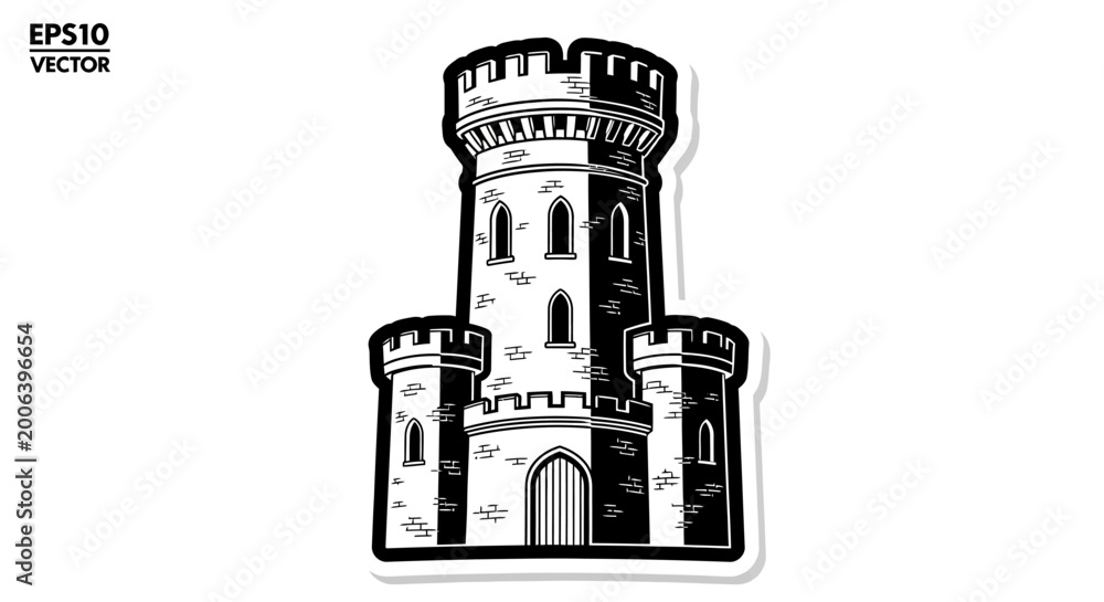 Obraz premium Medieval Castle Tower, Fortress, Stronghold, Architecture, History, Landmark, Black and White