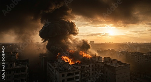 Cityscape on fire at sunset.