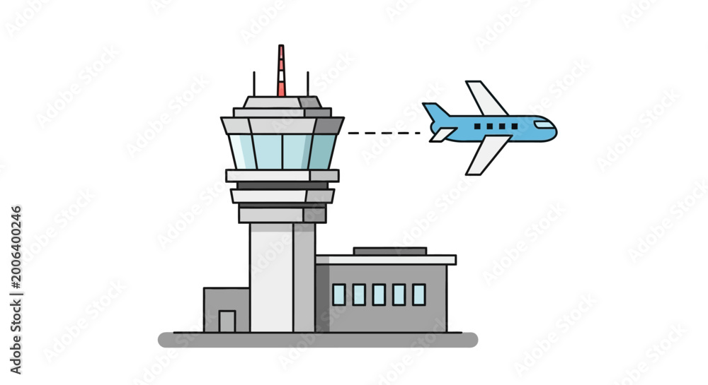 Obraz premium Air traffic control tower and airplane.