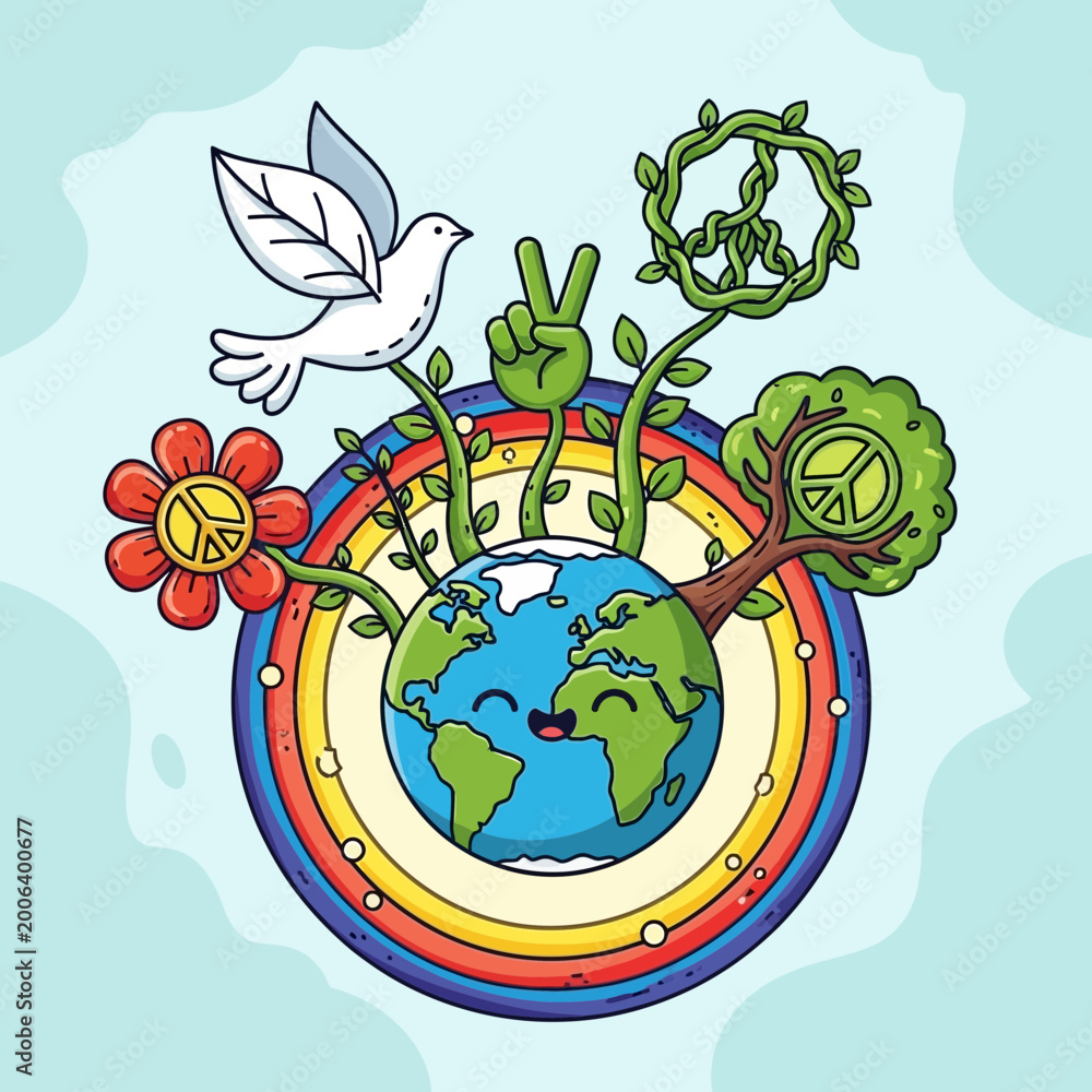 Obraz premium Earth Smiling with Peace Symbols in a Colorful Nature Design