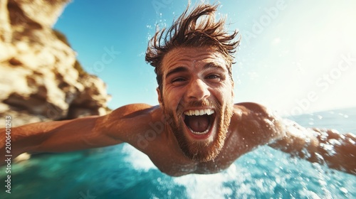 A man joyfully dives into the crystal-clear sea, embodying freedom and adventure, capturing the thrill of experiencing life's exhilarating moments at the beach.
