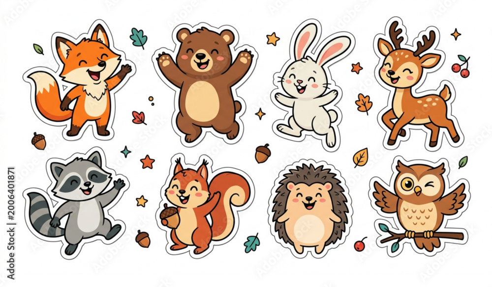 Fototapeta premium Cute woodland animal sticker vector set with colorful forest characters for kids design isolated on white