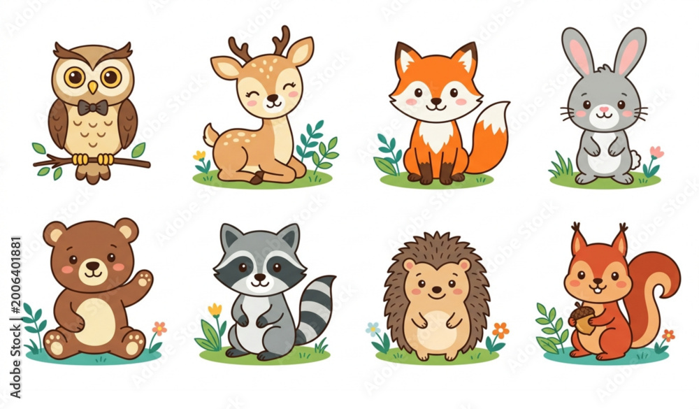 Obraz premium Colorful woodland animals vector set with cute forest cartoon characters for kids stickers apparel isolated on white