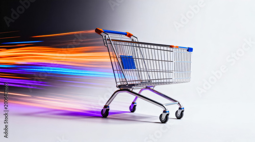 A studio shot of an empty supermarket shopping cart with dynamic motion blur light trails on a clean white background, representing fast ecommerce and retail commerce.