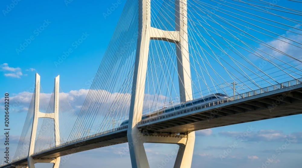 Naklejka premium High-Speed Train Crossing Modern Cable-Stayed Bridge Under Blue Sky
