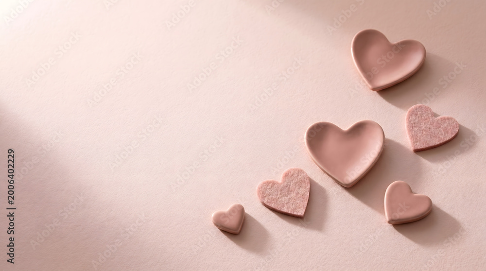 Fototapeta premium A collection of delicate pink heart-shaped objects arranged on a soft, textured surface with gentle lighting.