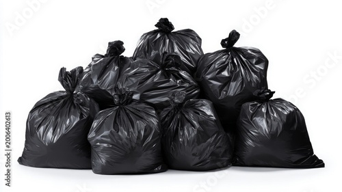 Pile of black garbage bags on white background. Artificial intelligence image