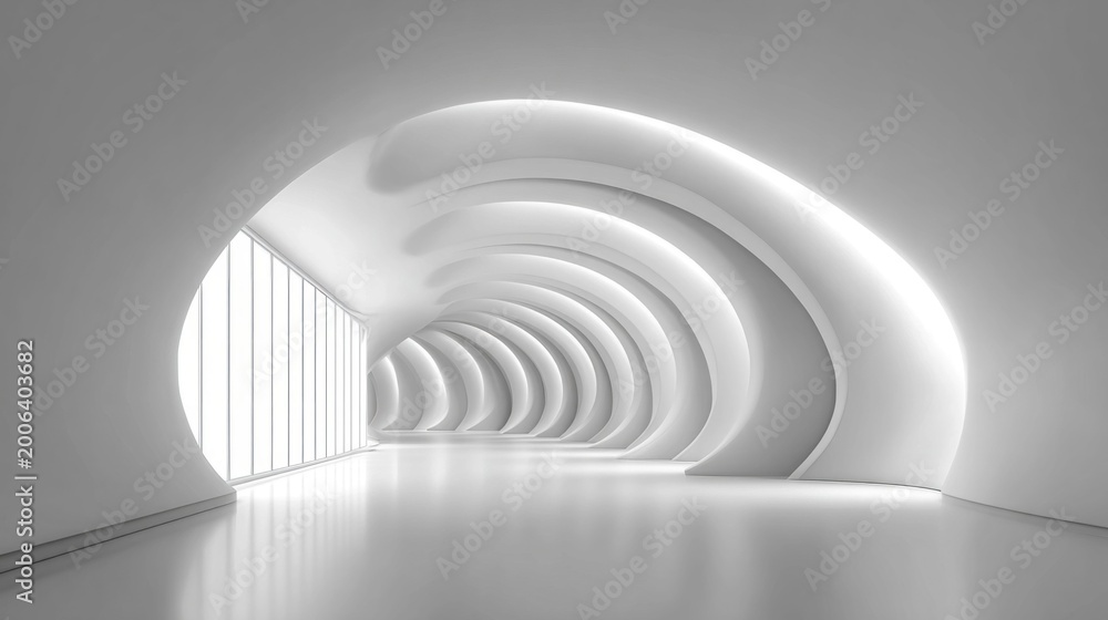 Fototapeta premium Futuristic white hallway with arched architecture and bright natural light